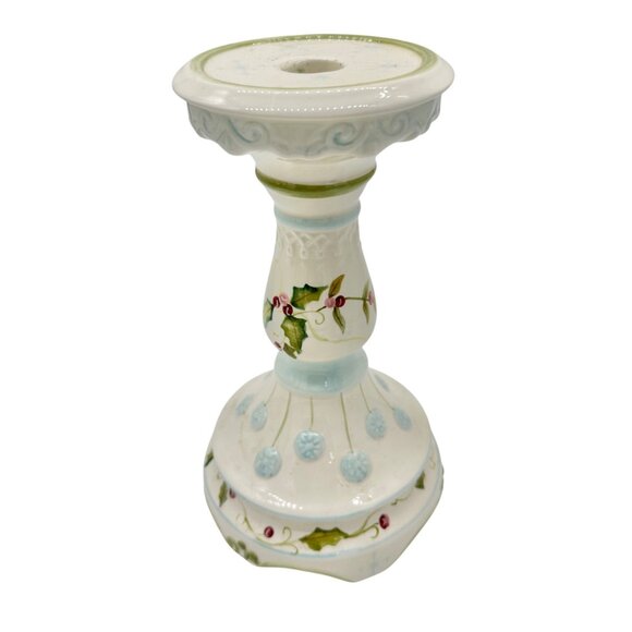 Tracy Porter Hand Painted Holiday Candle Holder Holly and Snowflake 9 inch Tall - Picture 11 of 12
